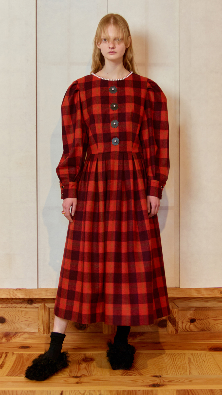WOOL CHECK DRESS_RED